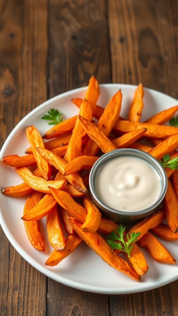 Crispy Air Fryer Sweet Potato Fries Recipe Crispy sweet potato fries on a plate with dipping sauce and parsley garnish on a wooden table.
